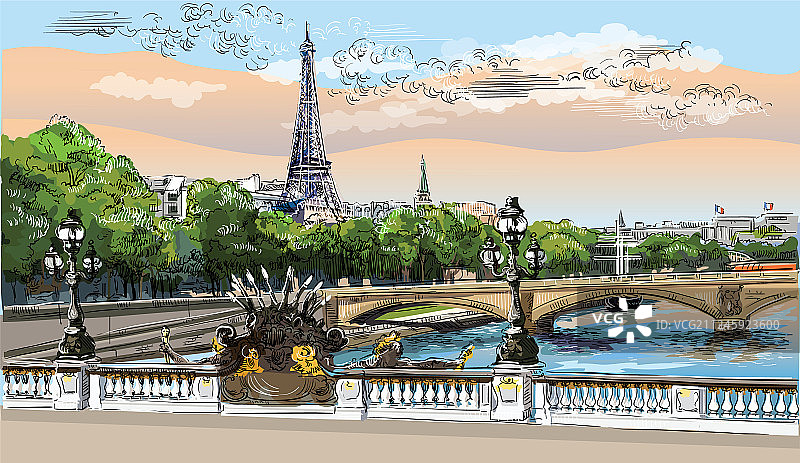 巴黎8区的彩色手绘图片素材