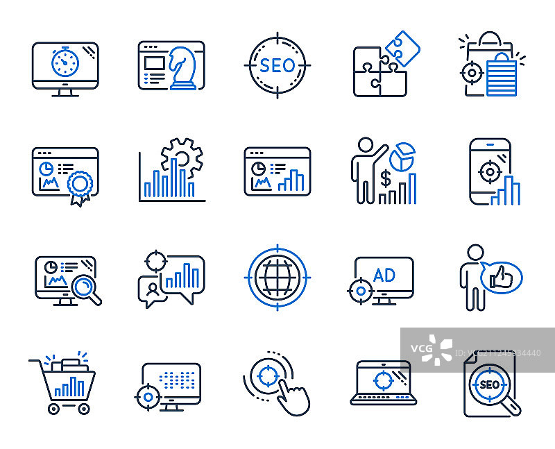 增加销售业务的SEO线性图标集图片素材