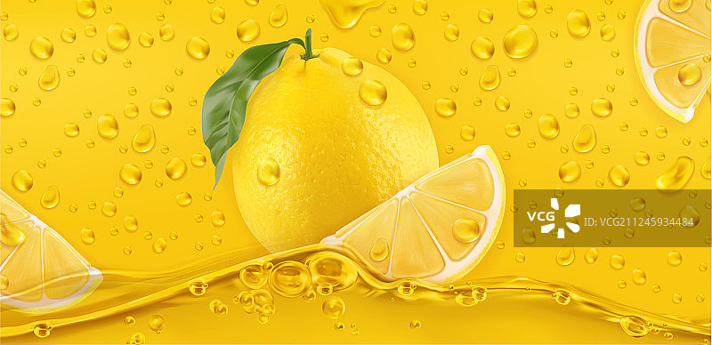 3D柠檬逼真黄色水滴图片素材