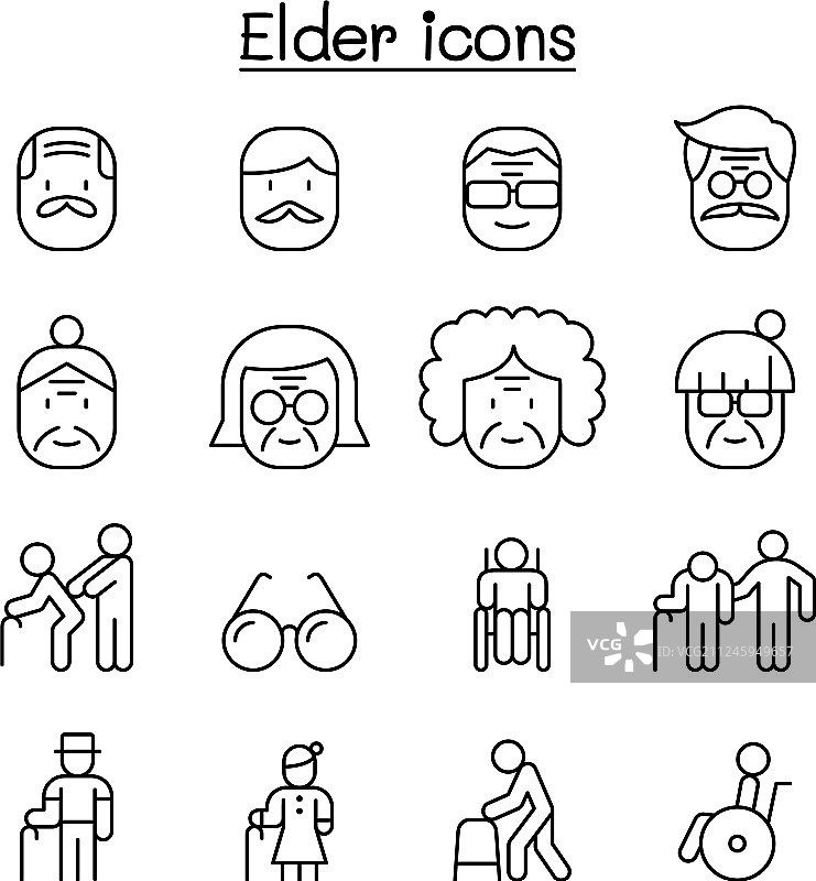细线条风格的老年人图标集图片素材