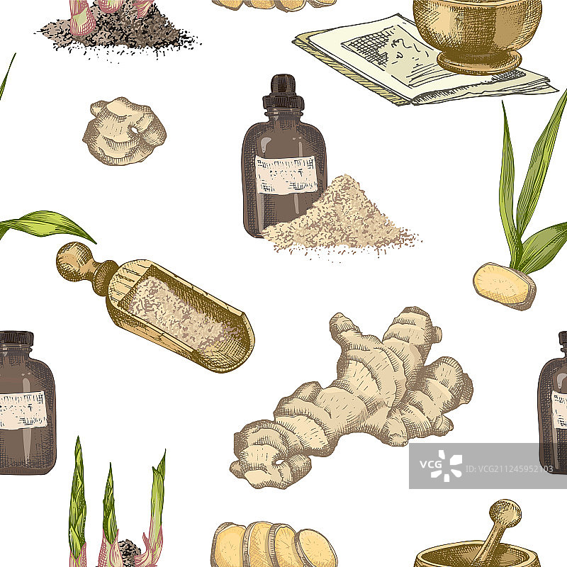 手绘姜的彩色无缝图案图片素材