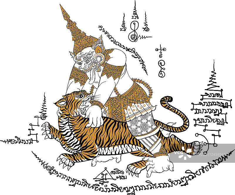 泰国传统绘画中的老虎与巨人搏斗图片素材