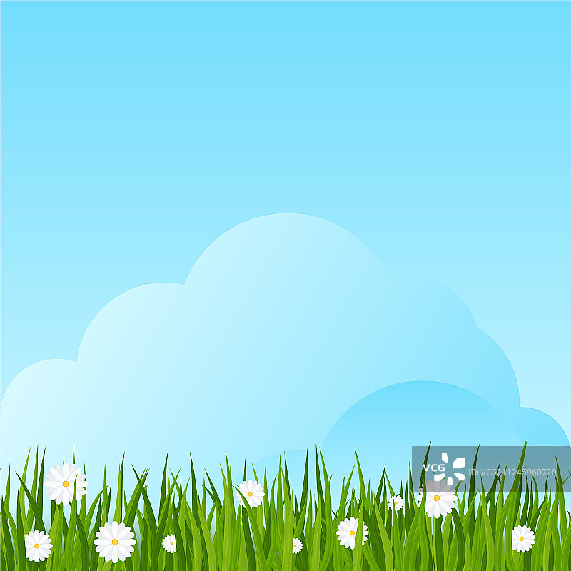 蓝天下雏菊和绿草的边框图片素材