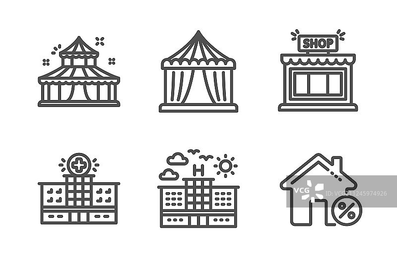 马戏团帐篷、酒店和商店图标合集图片素材