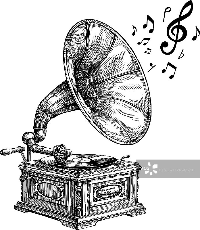 手绘复古留声机与音符图片素材