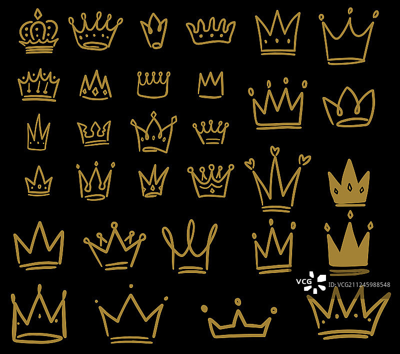 深色背景上手绘皇冠图标套装图片素材