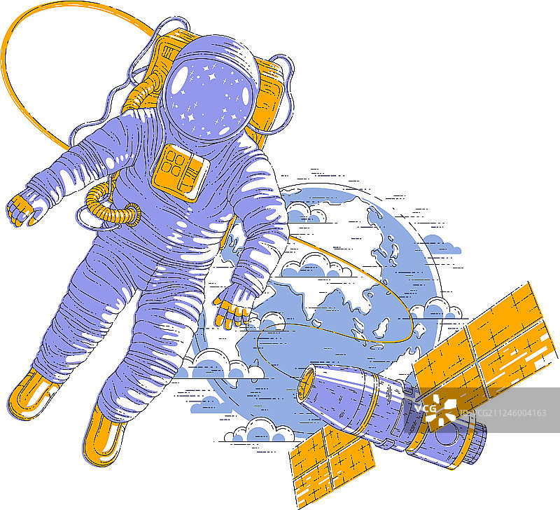 与太空相连的飞行宇航员图片素材