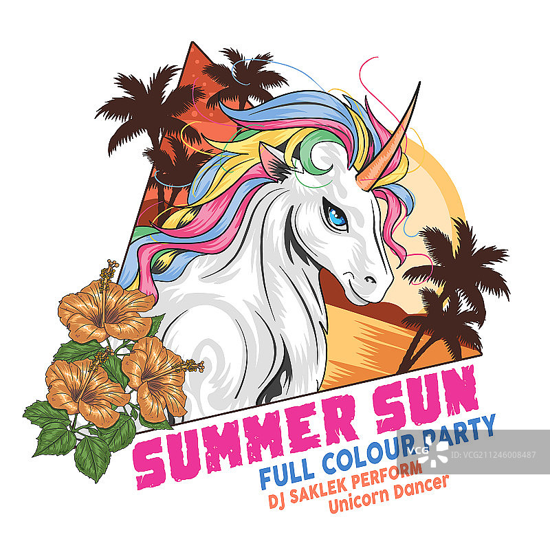 独角兽与海滩椰树的夏日风情图片素材
