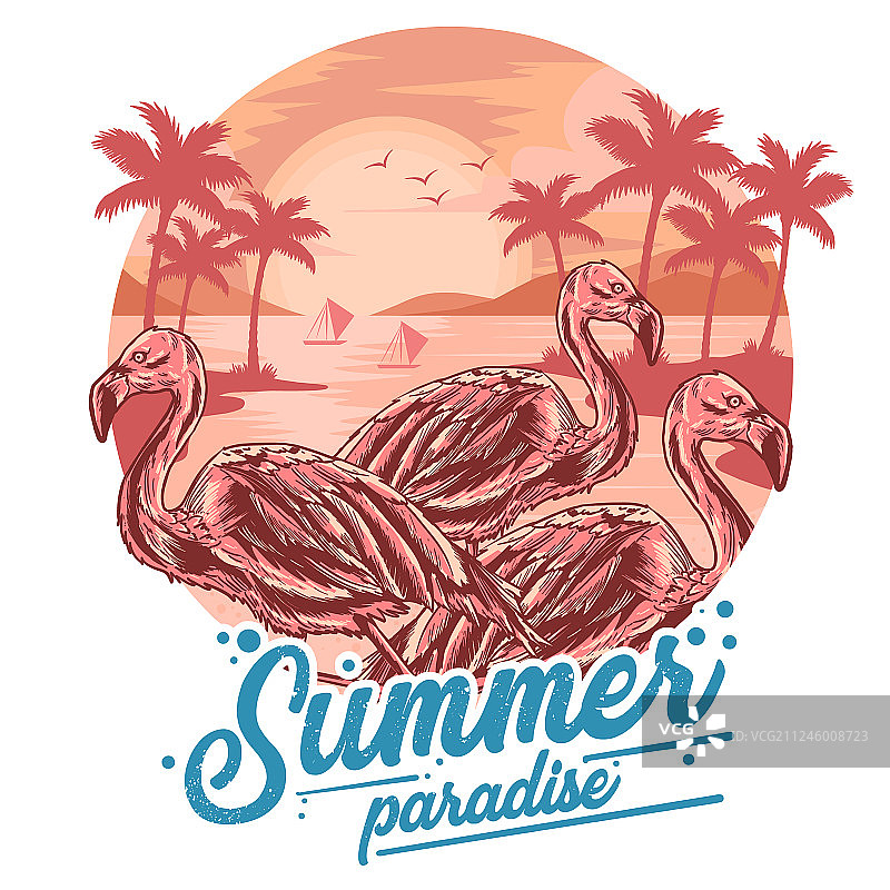 海滩上的夏季火烈鸟和椰子树图片素材