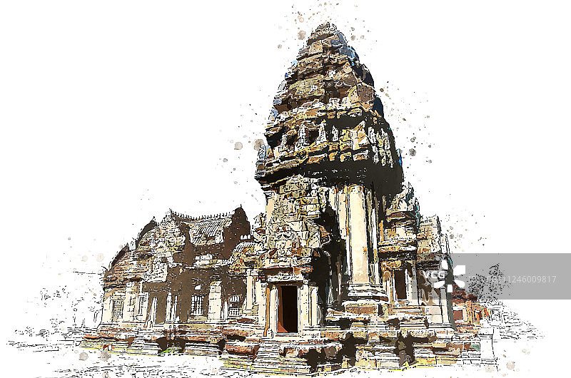 水彩风格的高棉石窟图片素材
