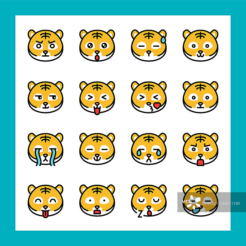 老虎表情符号集填充样式可编辑描边图片素材