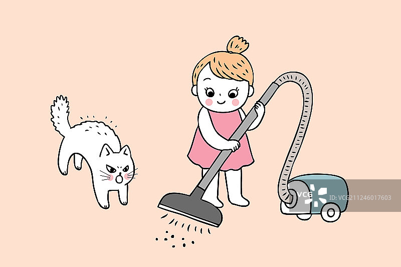卡通可爱女孩与猫咪打扫卫生图片素材