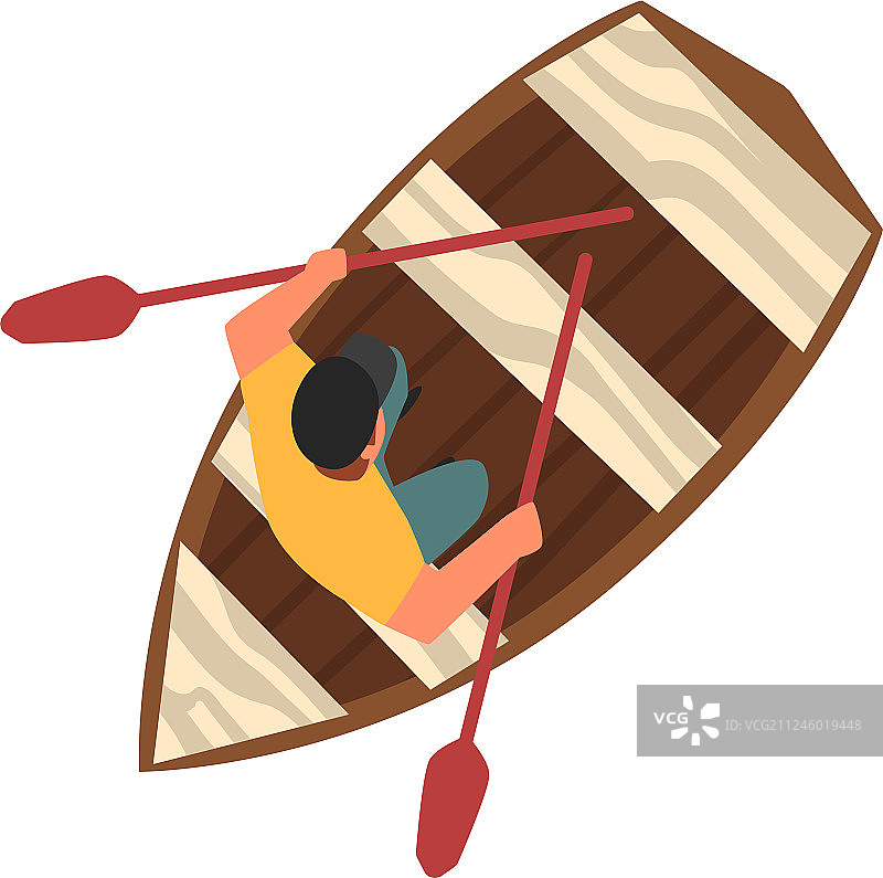 戴着帽子的男子坐在木船上（顶视图）图片素材