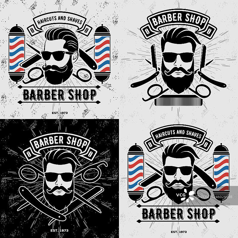 复古理发店标志或徽章套装图片素材