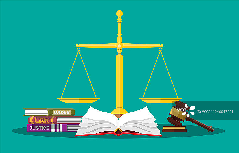 法典书籍、正义天平和法官法槌图片素材