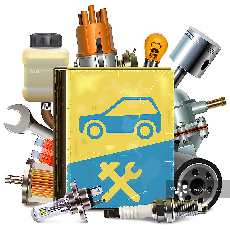 带有汽车零件的旧汽车维修手册图片素材