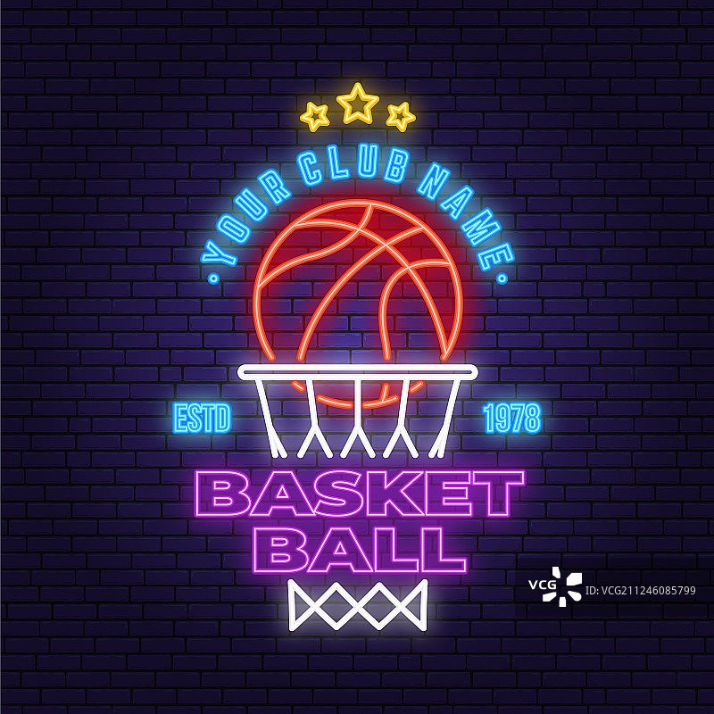 篮球俱乐部霓虹灯设计或标志图片素材