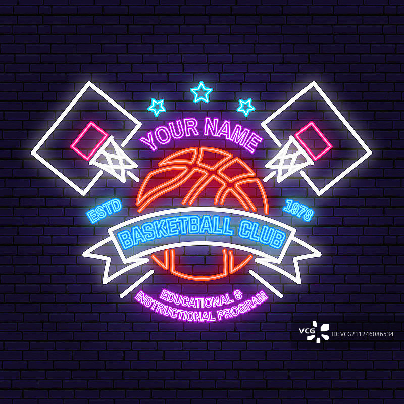 篮球俱乐部霓虹灯设计或标志图片素材