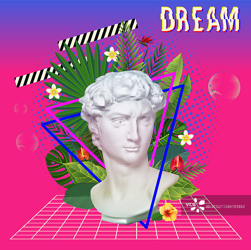 带有花叶的蒸汽波雕像3D图片素材