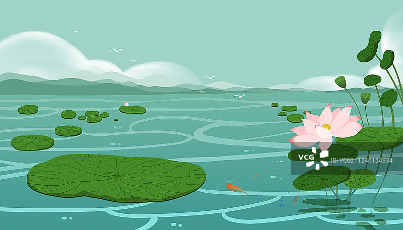 荷塘的荷花插画背景图片素材