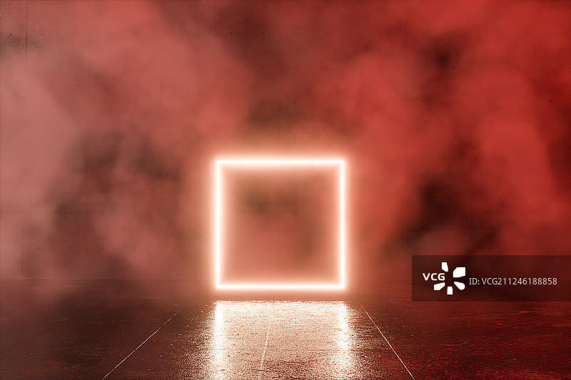 浓雾房间内的发光矩形，三维渲染图片素材