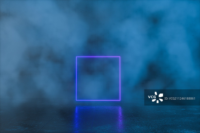 浓雾房间内的发光矩形，三维渲染图片素材