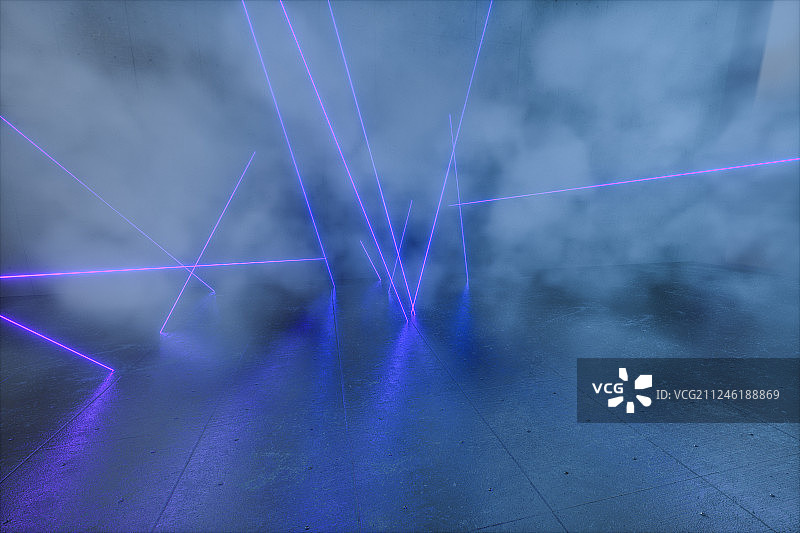 浓雾房间内的发光线条，三维渲染图片素材