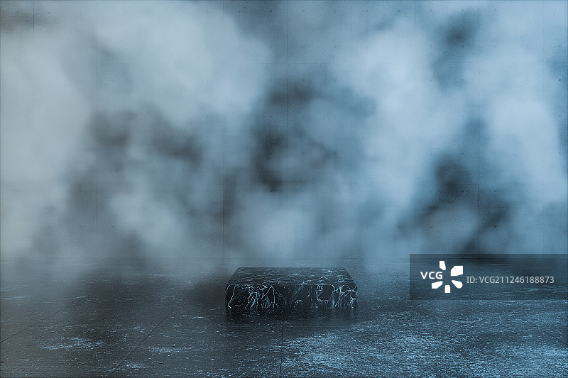 浓雾房间内的大理石平台，三维渲染图片素材