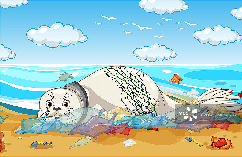 海豹与塑料袋污染场景图片素材