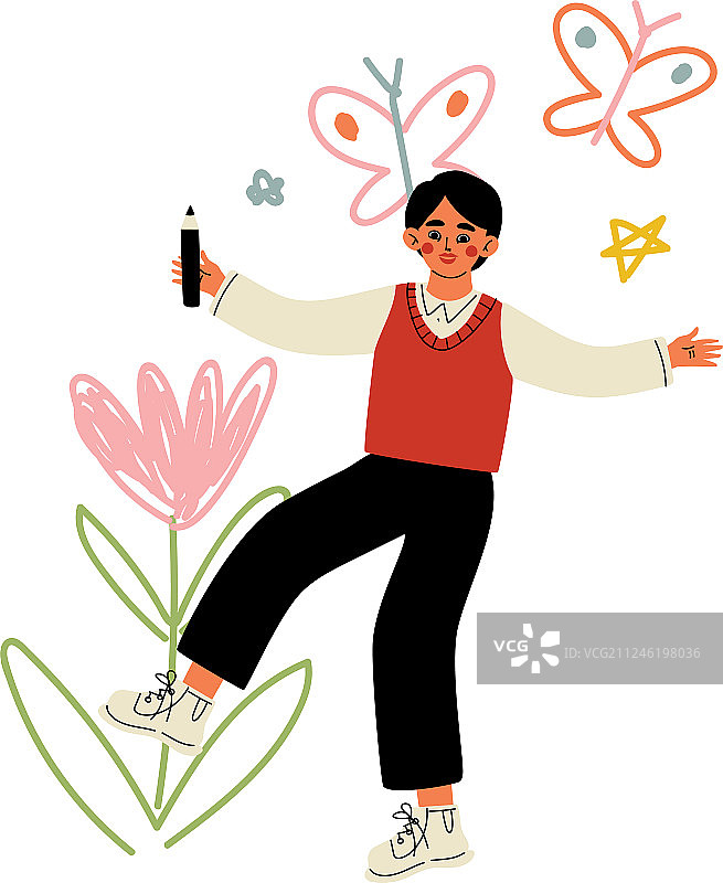 用彩色铅笔在墙上绘画的可爱男孩图片素材