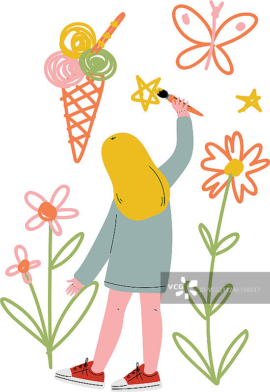 可爱的金发女孩在墙上涂颜色图片素材