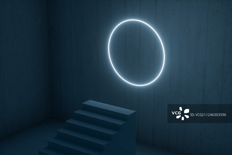黑暗房间内的楼梯与光环，三维渲染图片素材