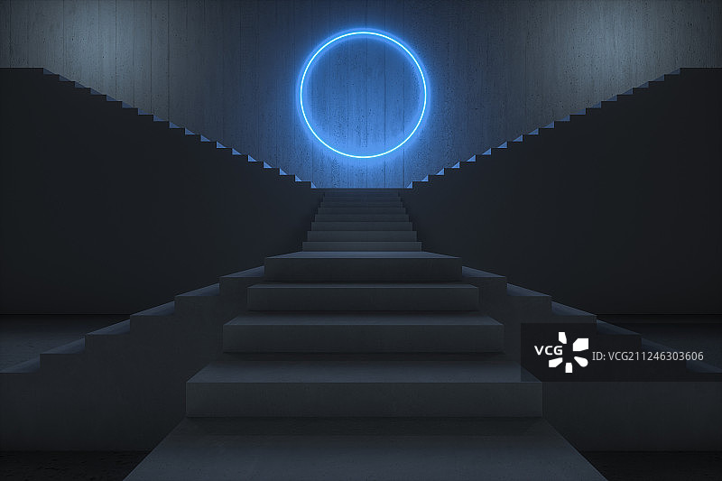 黑暗房间内的楼梯与光环，三维渲染图片素材