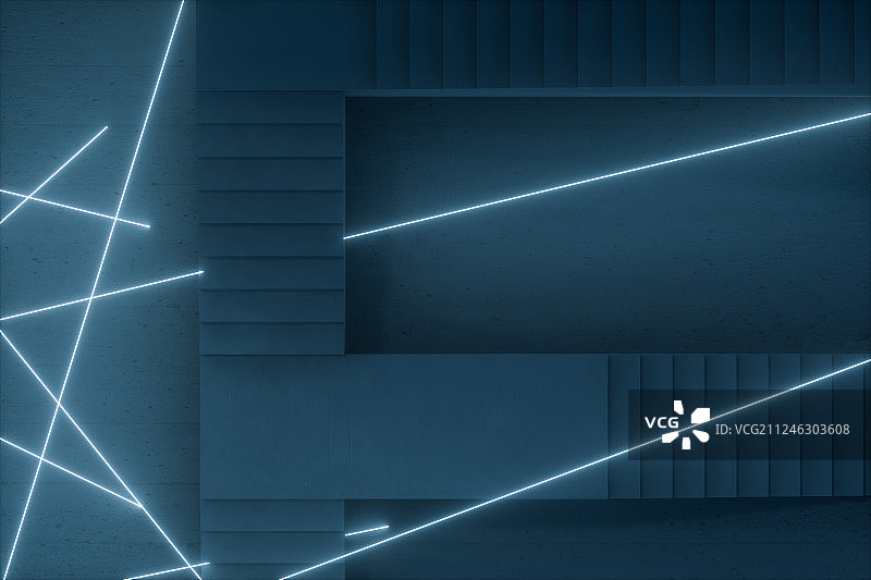 黑暗房间内的楼梯与发光线条，三维渲染图片素材