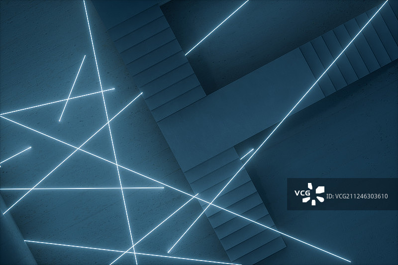 黑暗房间内的楼梯与发光线条，三维渲染图片素材