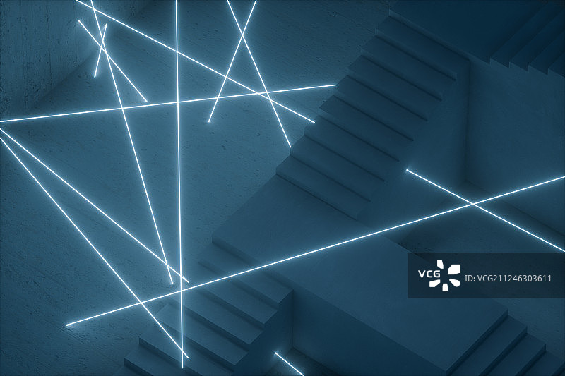 黑暗房间内的楼梯与发光线条，三维渲染图片素材