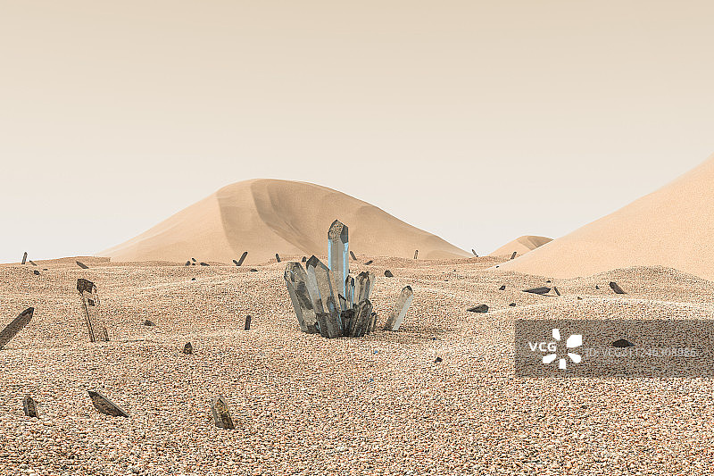沙漠里的一簇水晶宝石，三维渲染图片素材