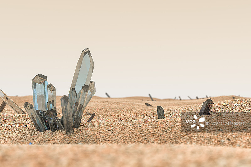 沙漠里的一簇水晶宝石，三维渲染图片素材