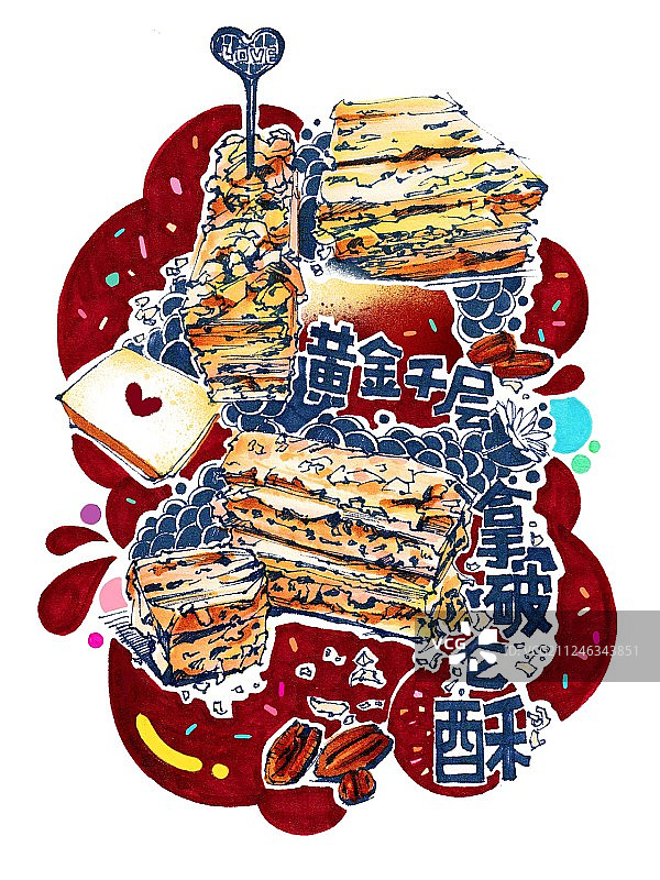 美食马克笔手绘插画 拿破仑酥图片素材