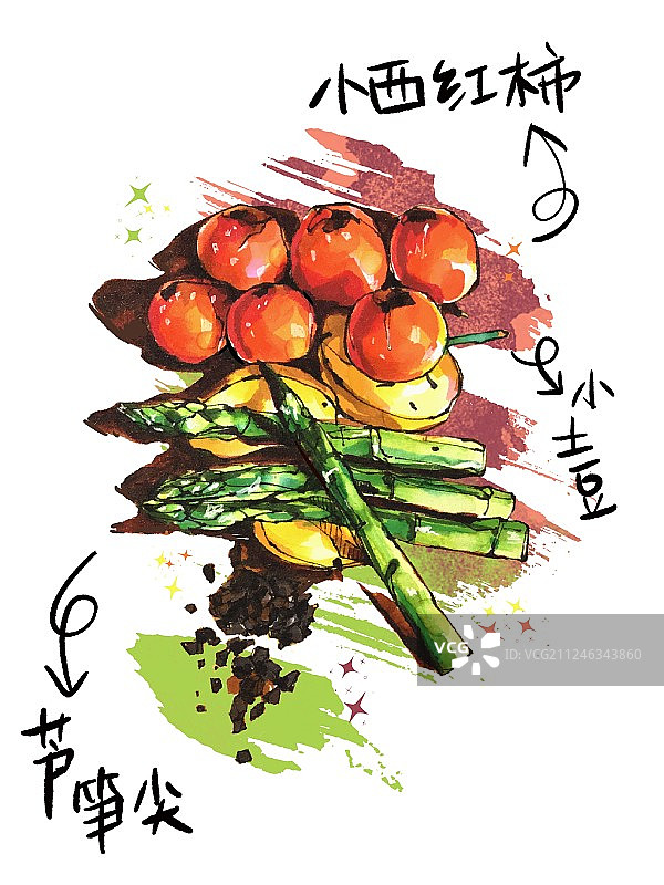 美食马克笔手绘插画 小西红柿芦笋尖土豆图片素材