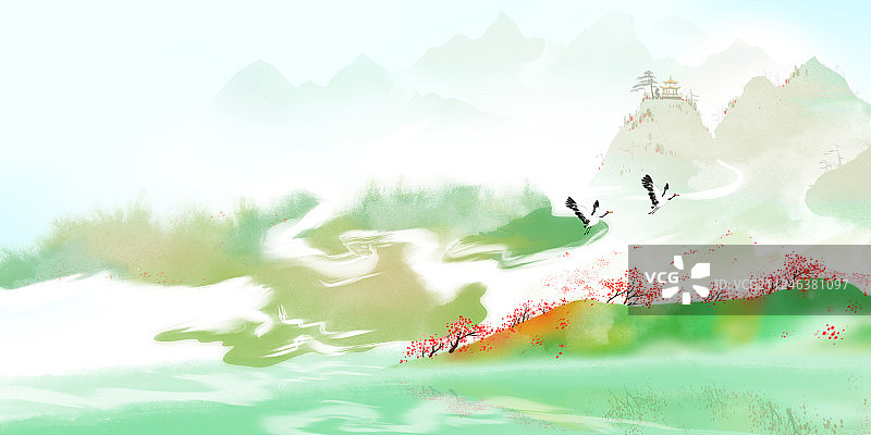 水墨风景画春季桃花源图片素材