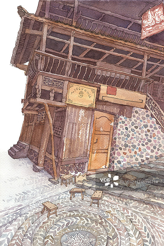 水彩手绘风景苗族建筑房屋图片素材