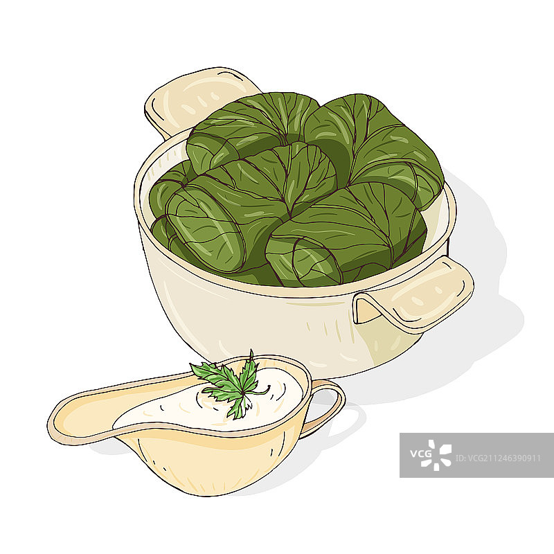 碗里的多尔玛和肉汁船里的酱汁绘画图片素材