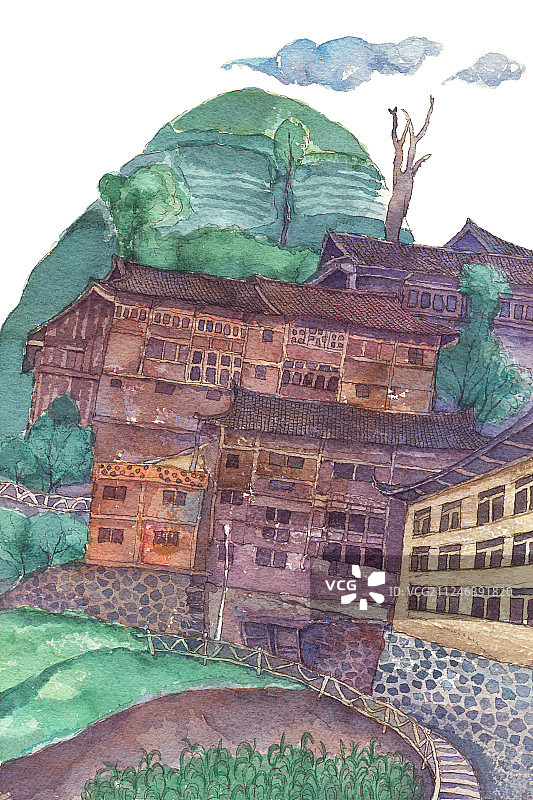 水彩手绘风景苗族建筑房屋图片素材
