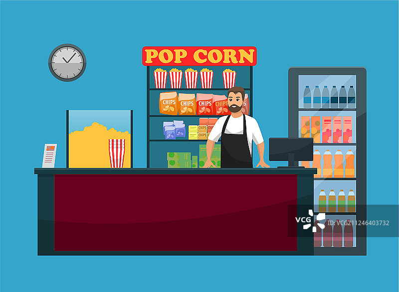 电影院吧台，提供零食爆米花和饮品图片素材