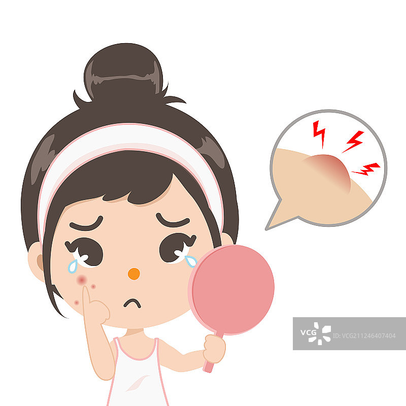 镜中患痤疮的女孩图片素材