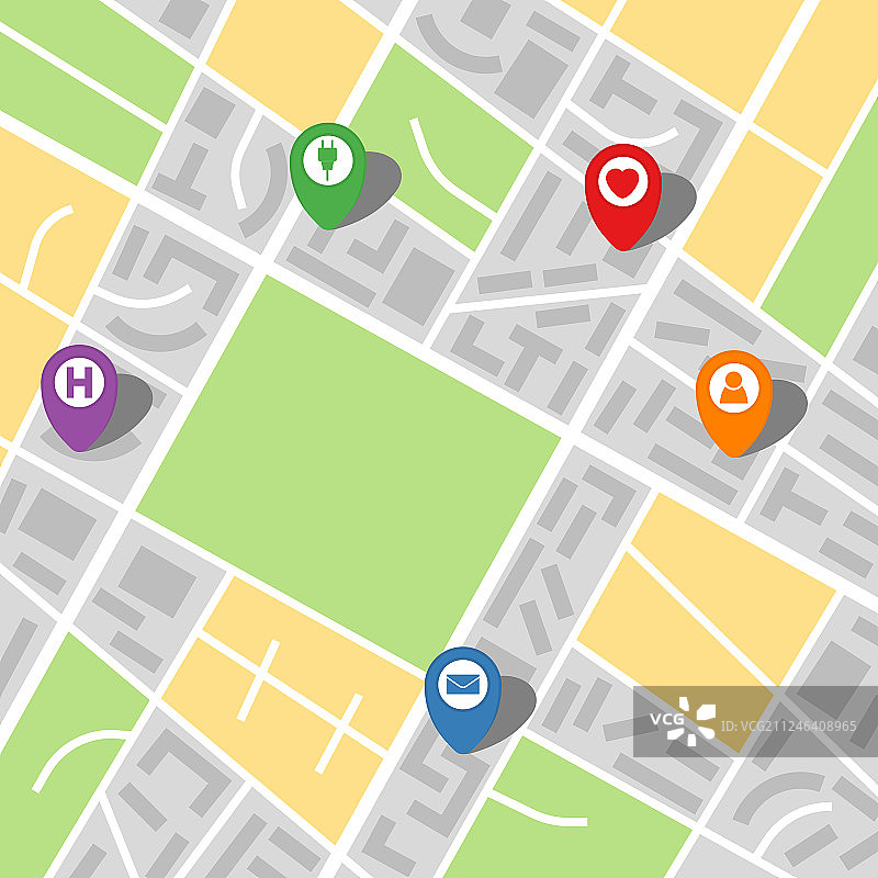 带有五个标记的虚构城市地图图片素材