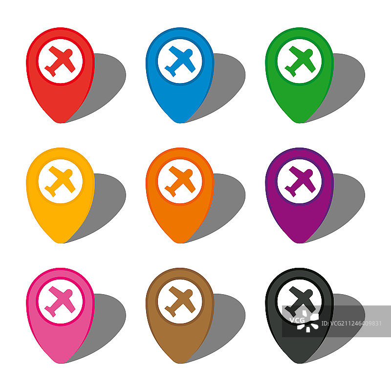 带飞机的九个彩色地图指针合集图片素材