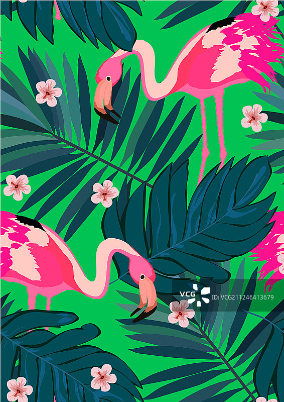 火烈鸟、热带花卉和树叶图案图片素材