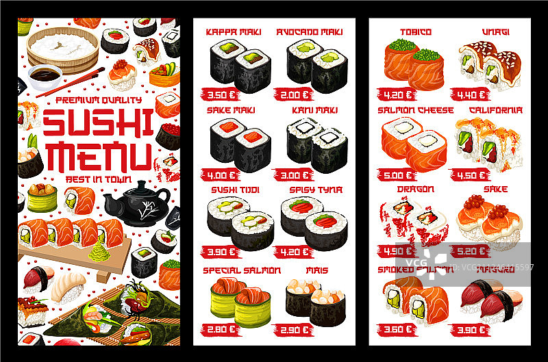 亚洲寿司日式卷物价格菜单图片素材